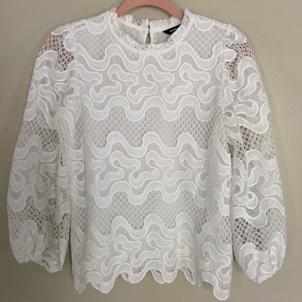 Express Ribbon Lace Ruffle Neck Top - White - XS - Picture 6 of 13